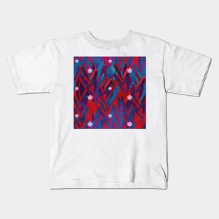 Icy Maple leaves on a deep red and blue leaf background Kids T-Shirt